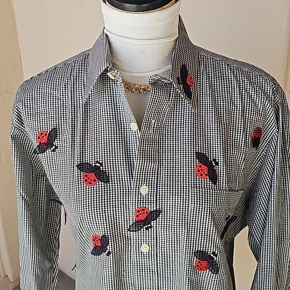 Ladybugs everywhere!long sleeve button front blouse